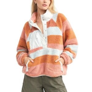 FREE PEOPLE Hit The‎ Slopes printed fleece jacket pink stripe logo XS